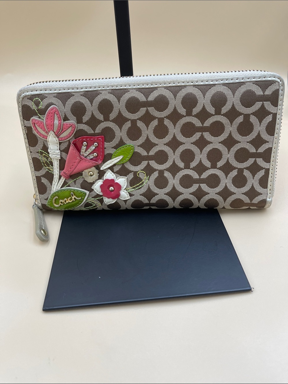 RARE Coach Brown Signature Floral Zip Wallet with Pink and Green Appliqués